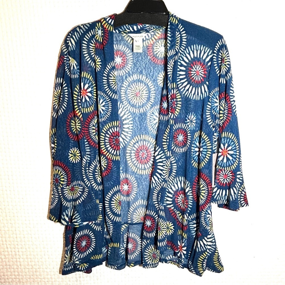 NEW Multiples Flounce Sleeve Mesh Open Front Cardigan Cover Kimono Blue Multi 2X